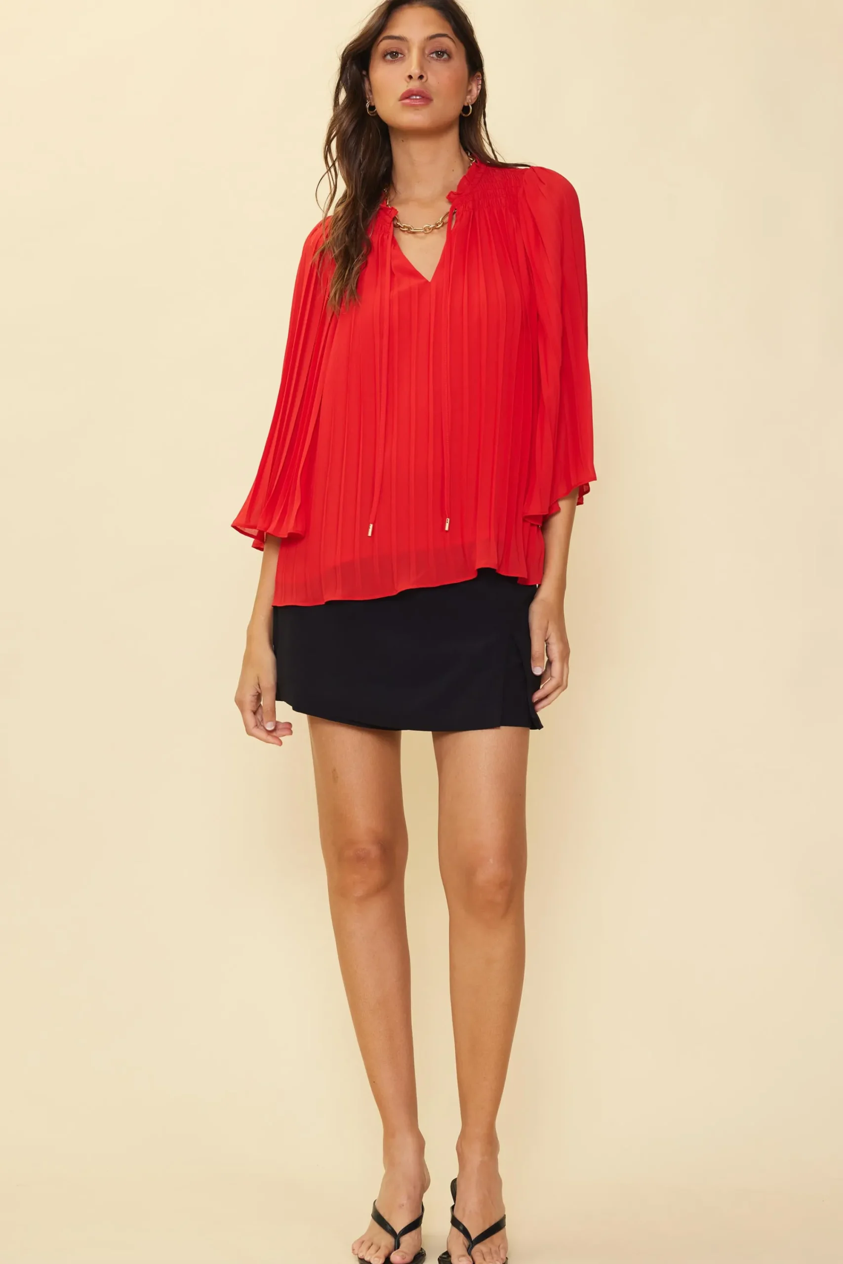 SKIES ARE BLUE Pleated Ruffled Trim Top* Long Sleeve Tops