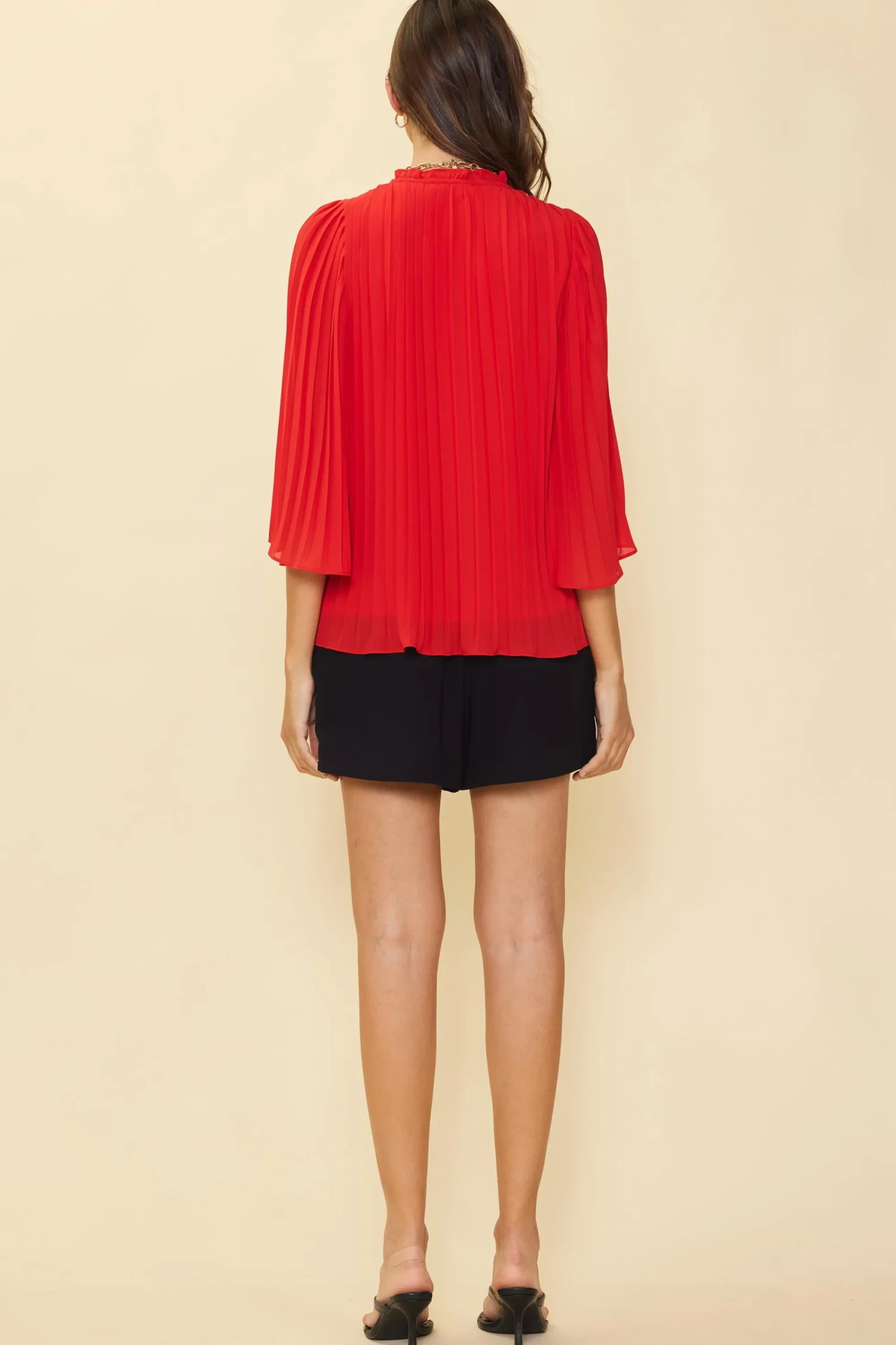 SKIES ARE BLUE Pleated Ruffled Trim Top* Long Sleeve Tops
