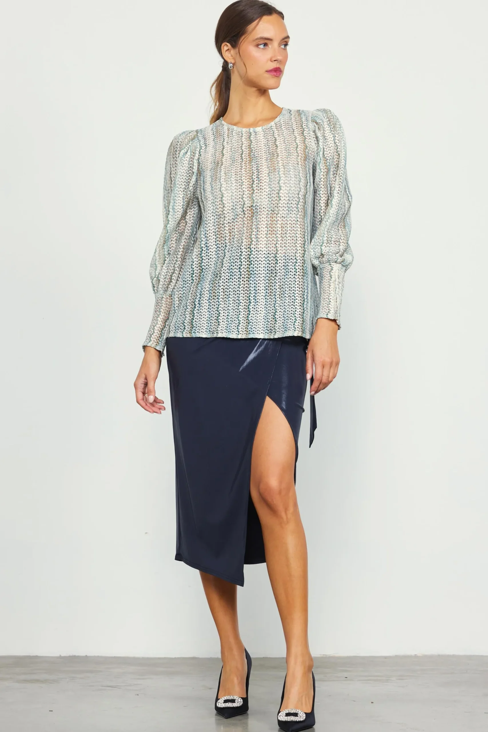 SKIES ARE BLUE Printed Crochet Round Neck Top* Long Sleeve Tops
