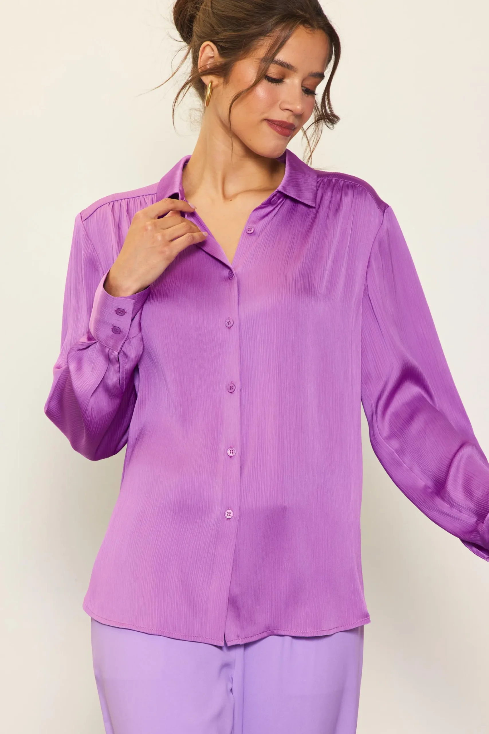 SKIES ARE BLUE Recycled Crinkle Satin Buttondown* Long Sleeve Tops