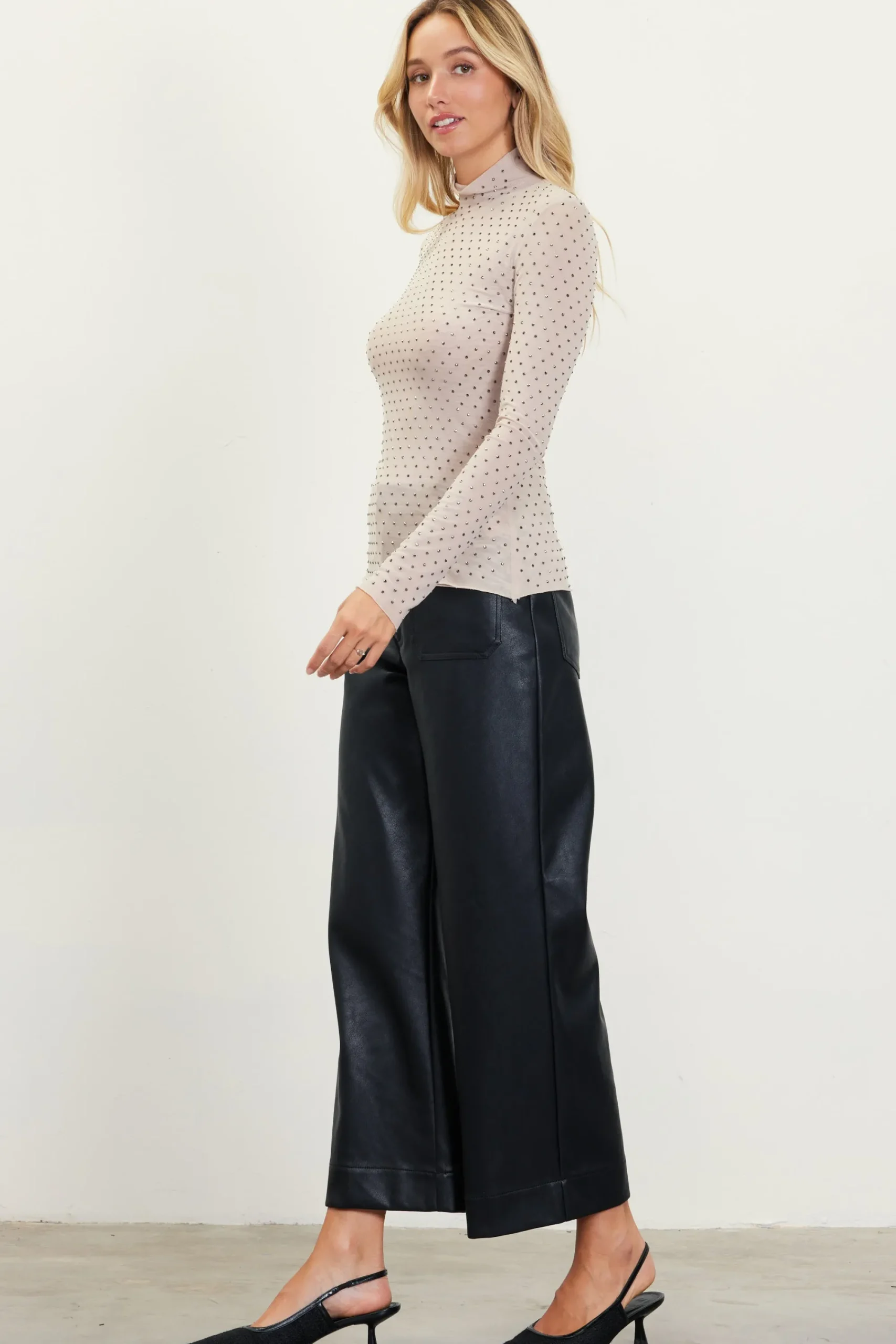 SKIES ARE BLUE Rhinestone Mesh Mock Neck Top* Long Sleeve Tops
