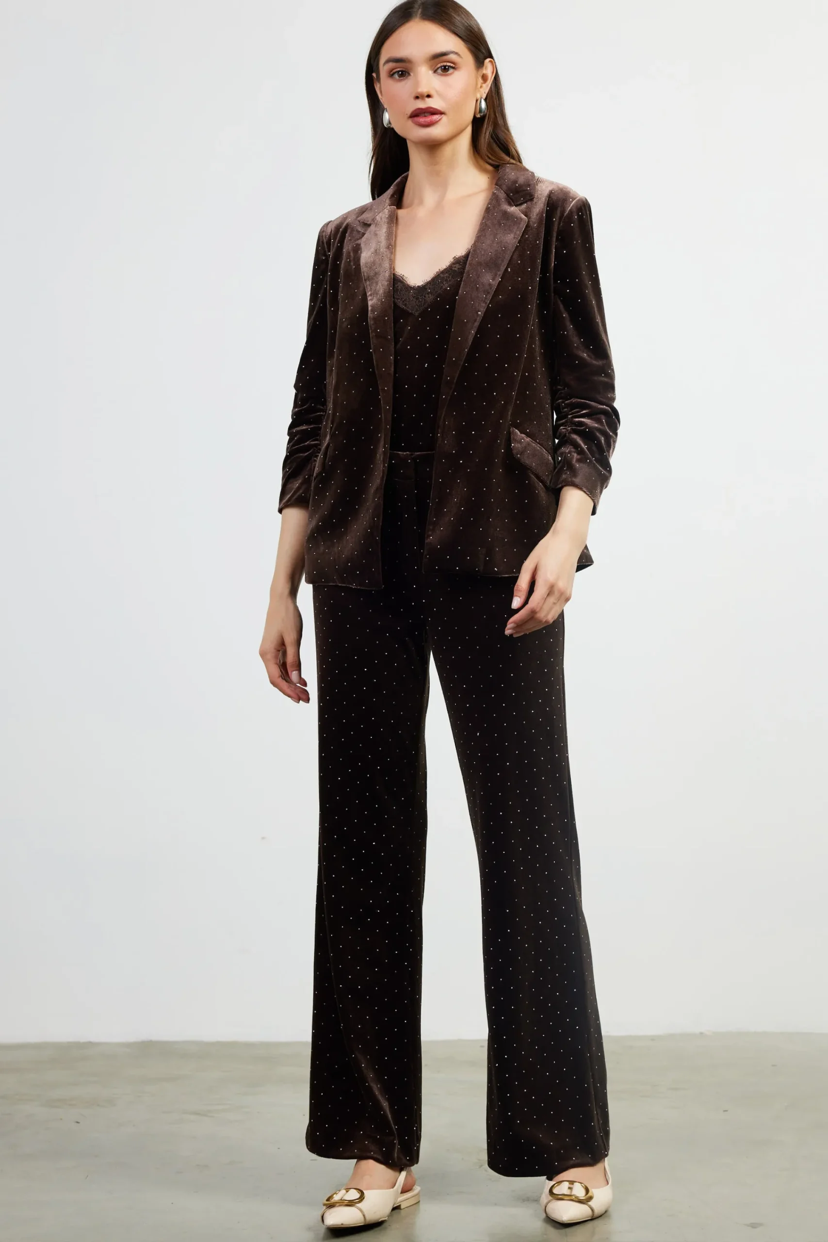 SKIES ARE BLUE Rhinestone Ruched Velvet Blazer* Blazers
