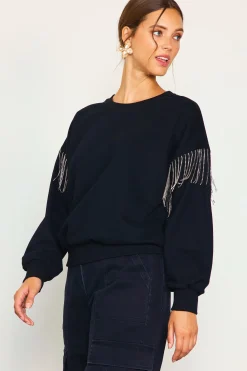 SKIES ARE BLUE Rhinestone Sleeve Trim Sweatshirt* Sweaters