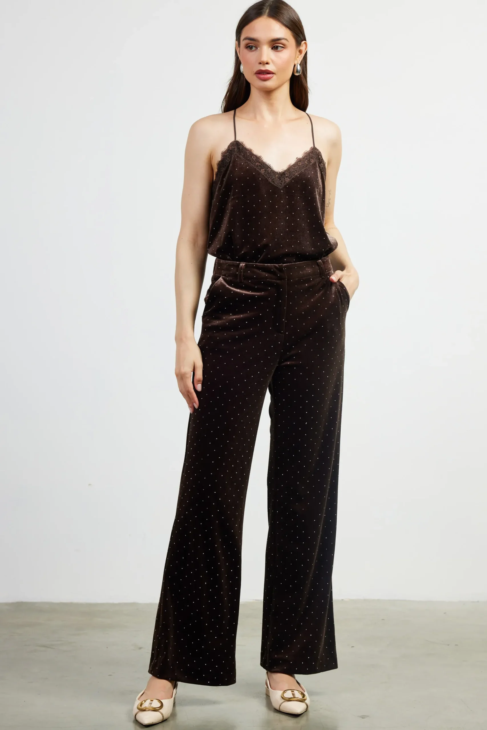 SKIES ARE BLUE Rhinestone Velvet Flared Pants* Pants
