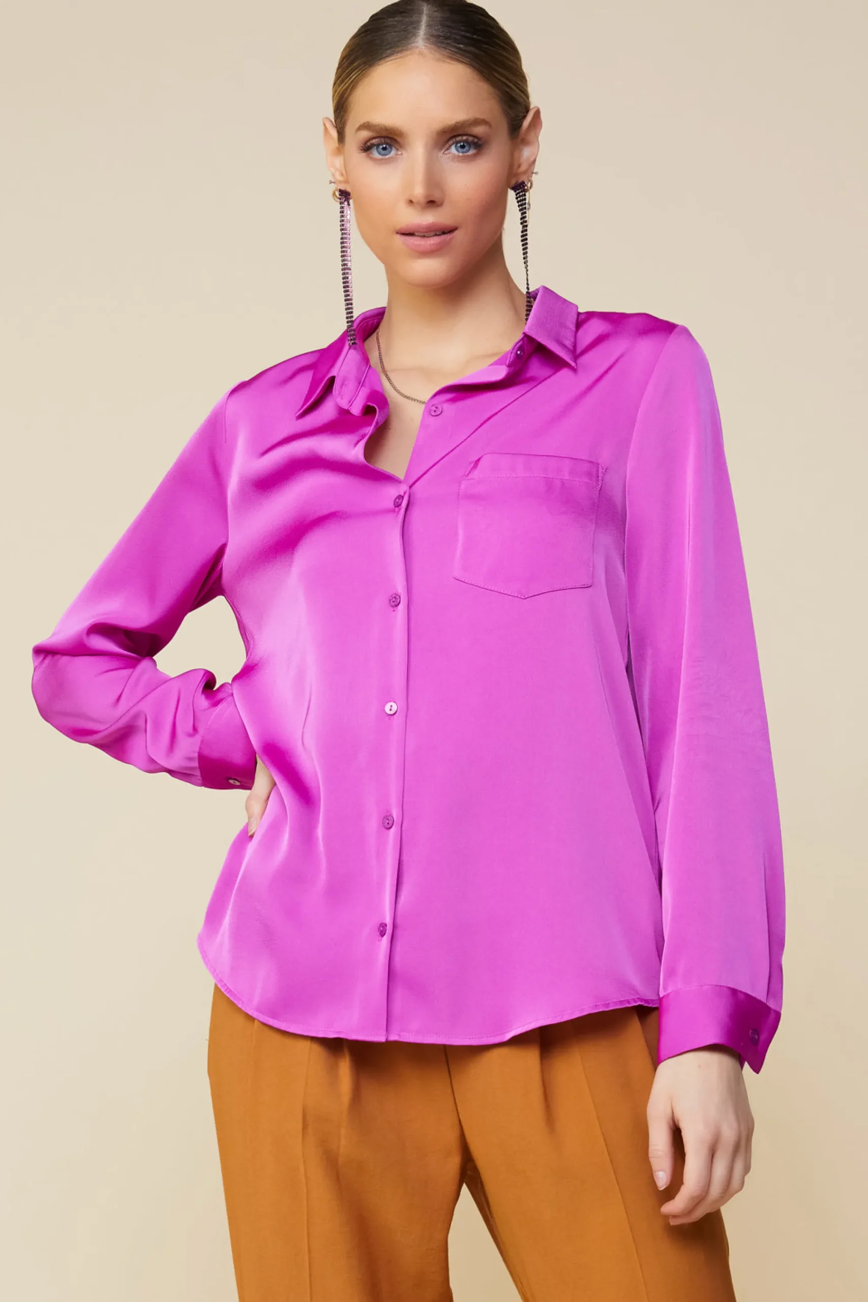 SKIES ARE BLUE Satin Button Down Shirt* Long Sleeve Tops