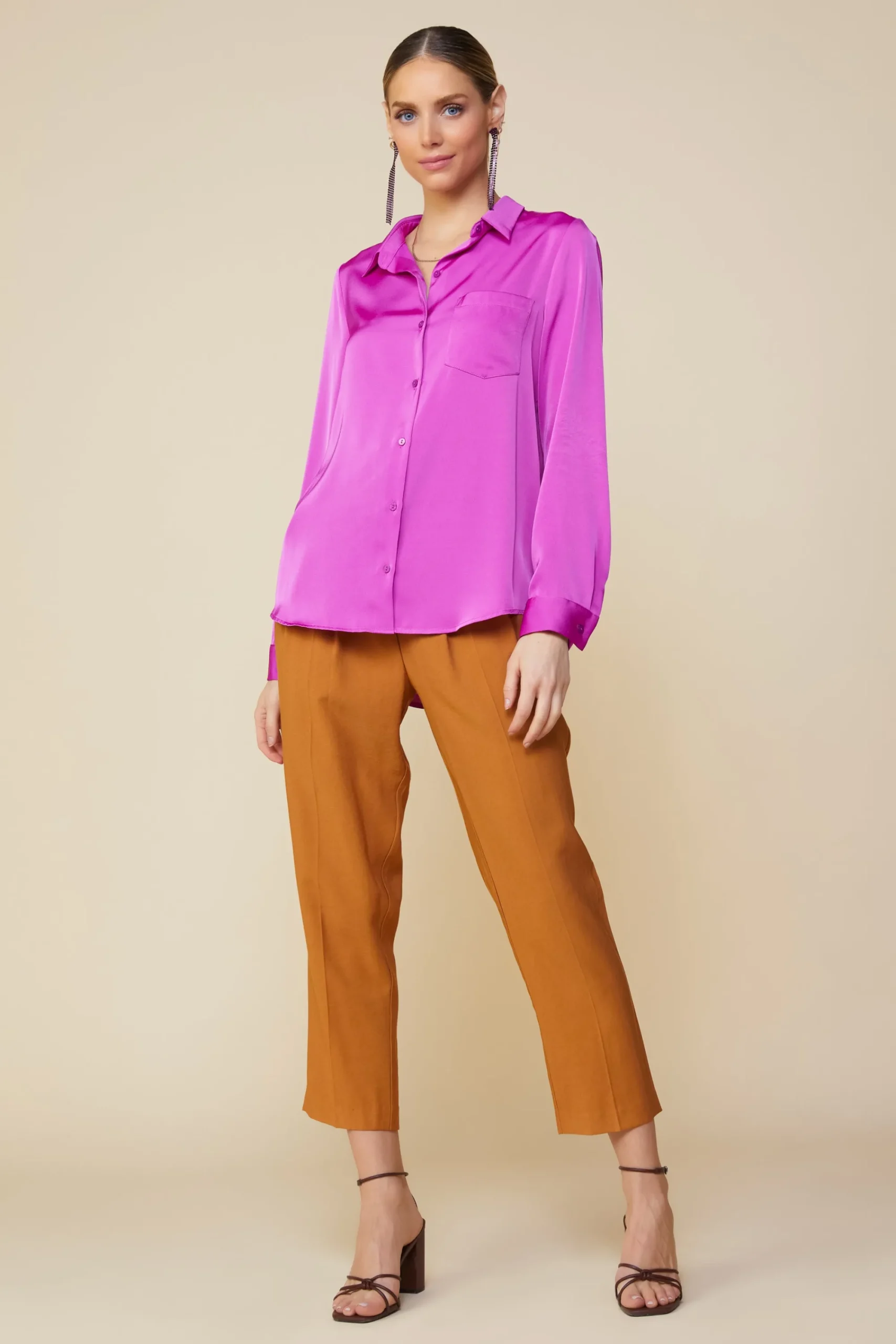 SKIES ARE BLUE Satin Button Down Shirt* Long Sleeve Tops