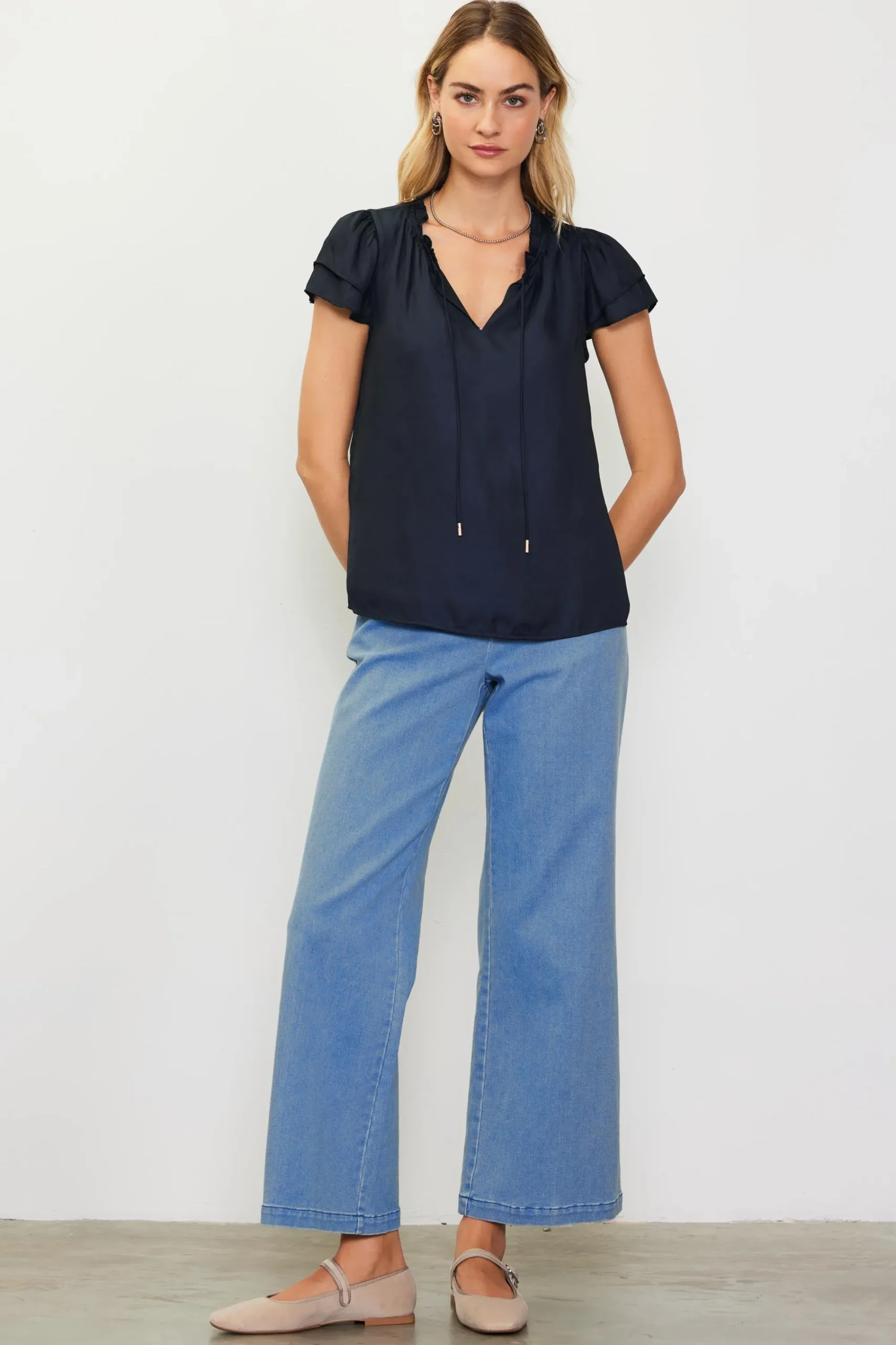 SKIES ARE BLUE Satin Ruffled Detail Top* Short Sleeve Tops