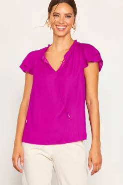 SKIES ARE BLUE Satin Ruffled Detail Top* Short Sleeve Tops