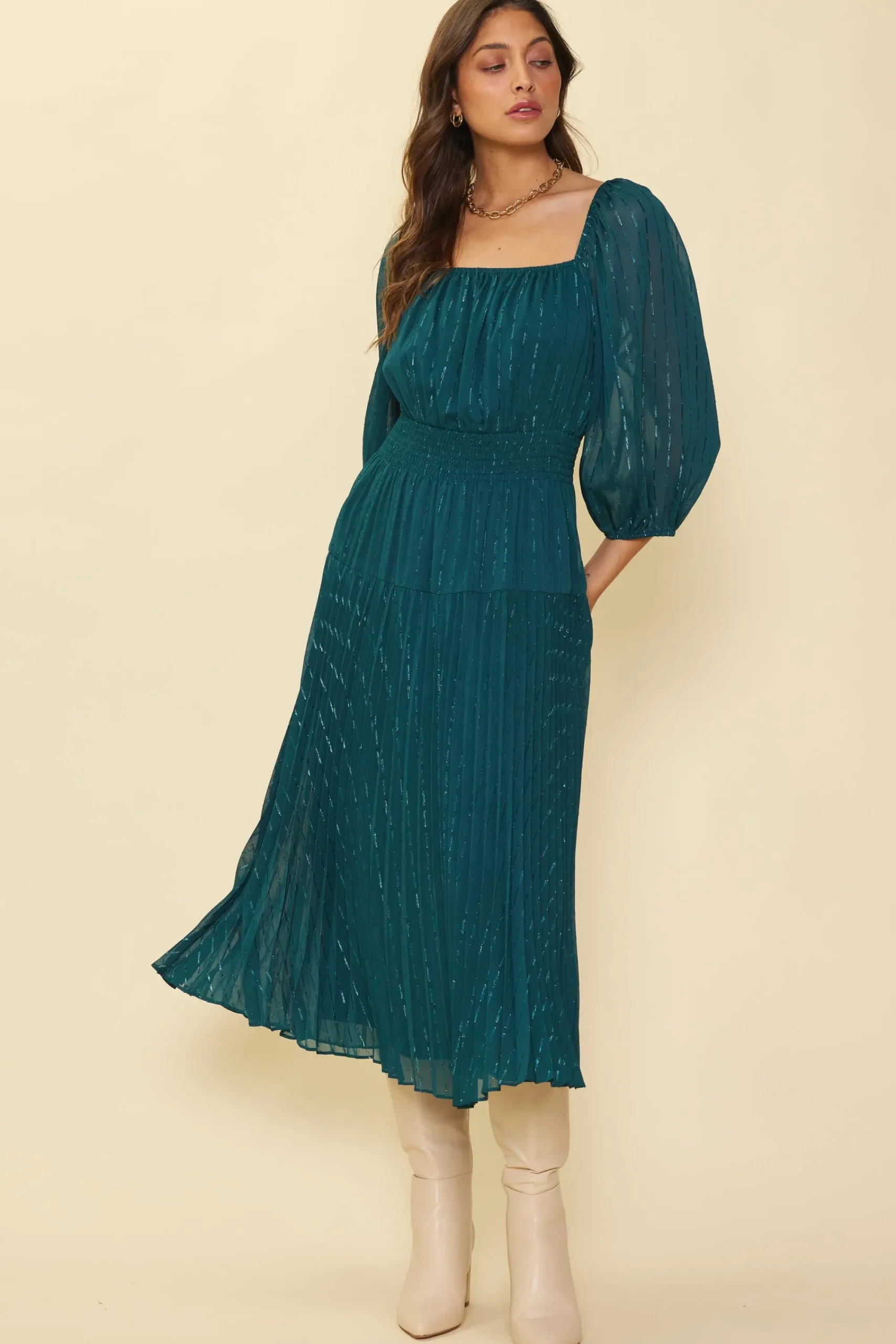 SKIES ARE BLUE Shimmery Pleated Midi Dress* Midi Dresses