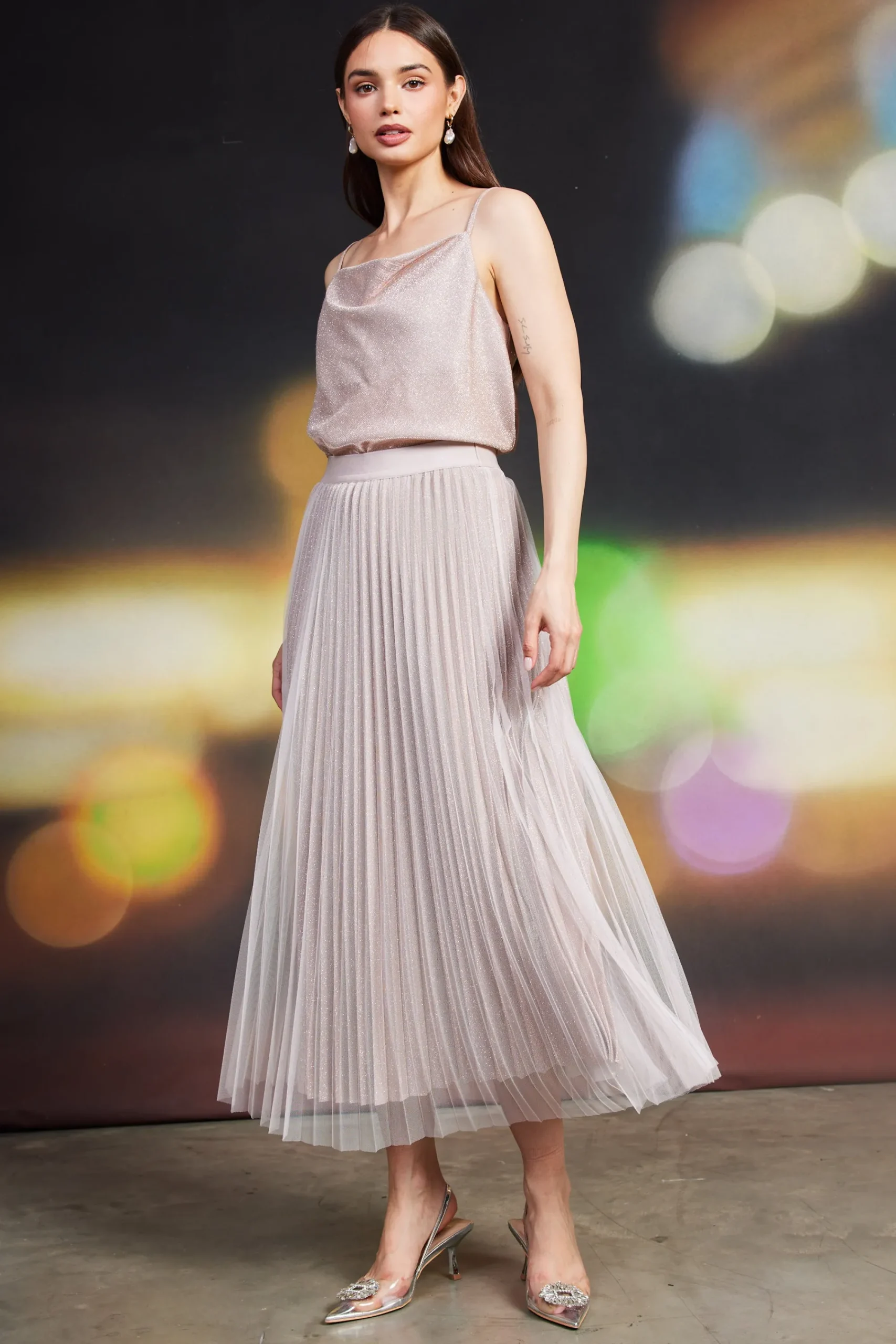 SKIES ARE BLUE Shimmery Pleated Midi Skirt* Skirts