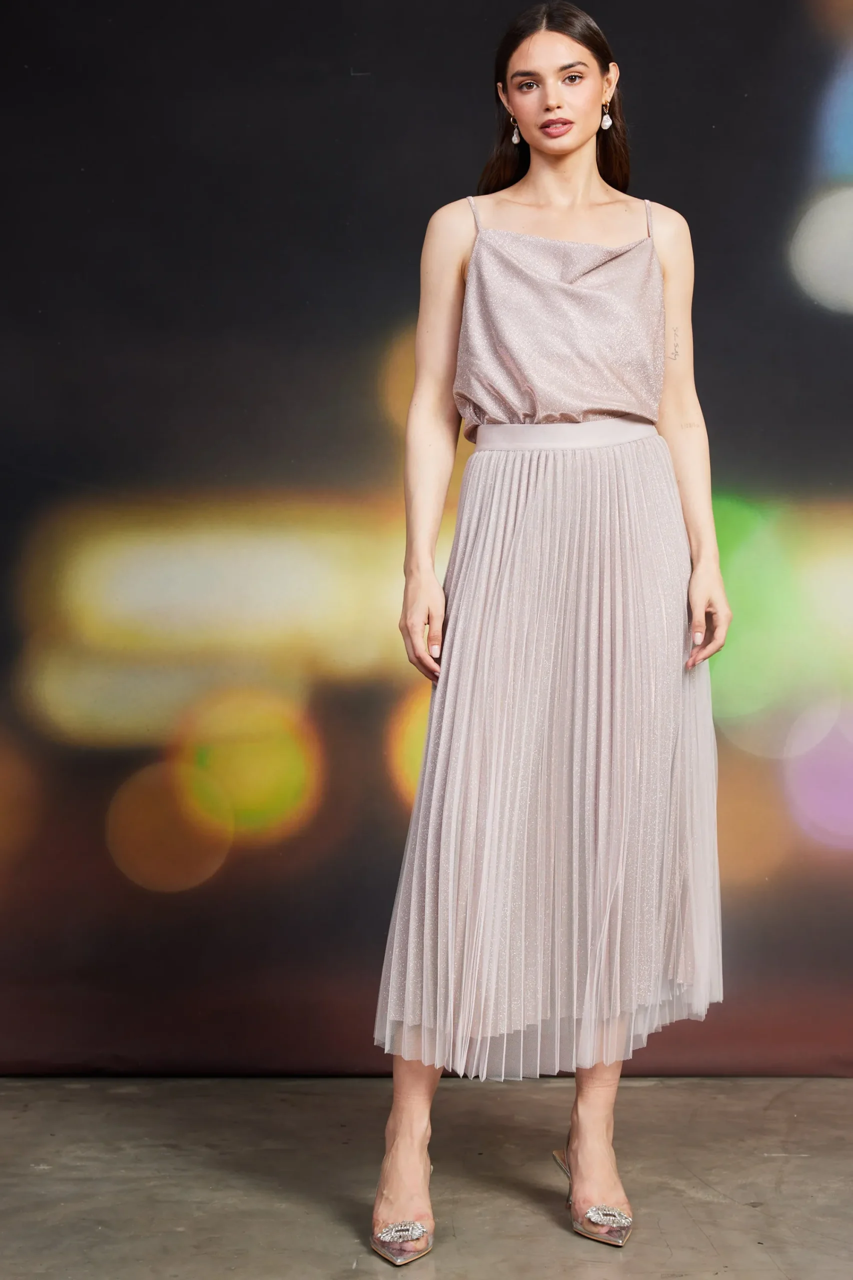 SKIES ARE BLUE Shimmery Pleated Midi Skirt* Skirts