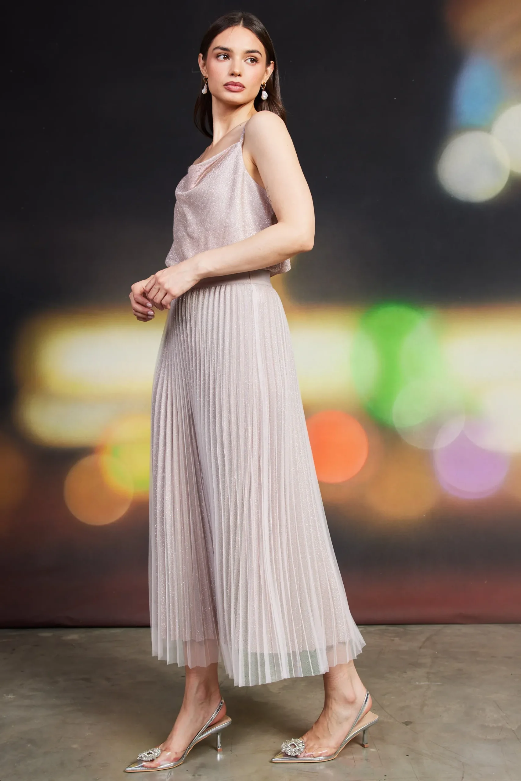 SKIES ARE BLUE Shimmery Pleated Midi Skirt* Skirts
