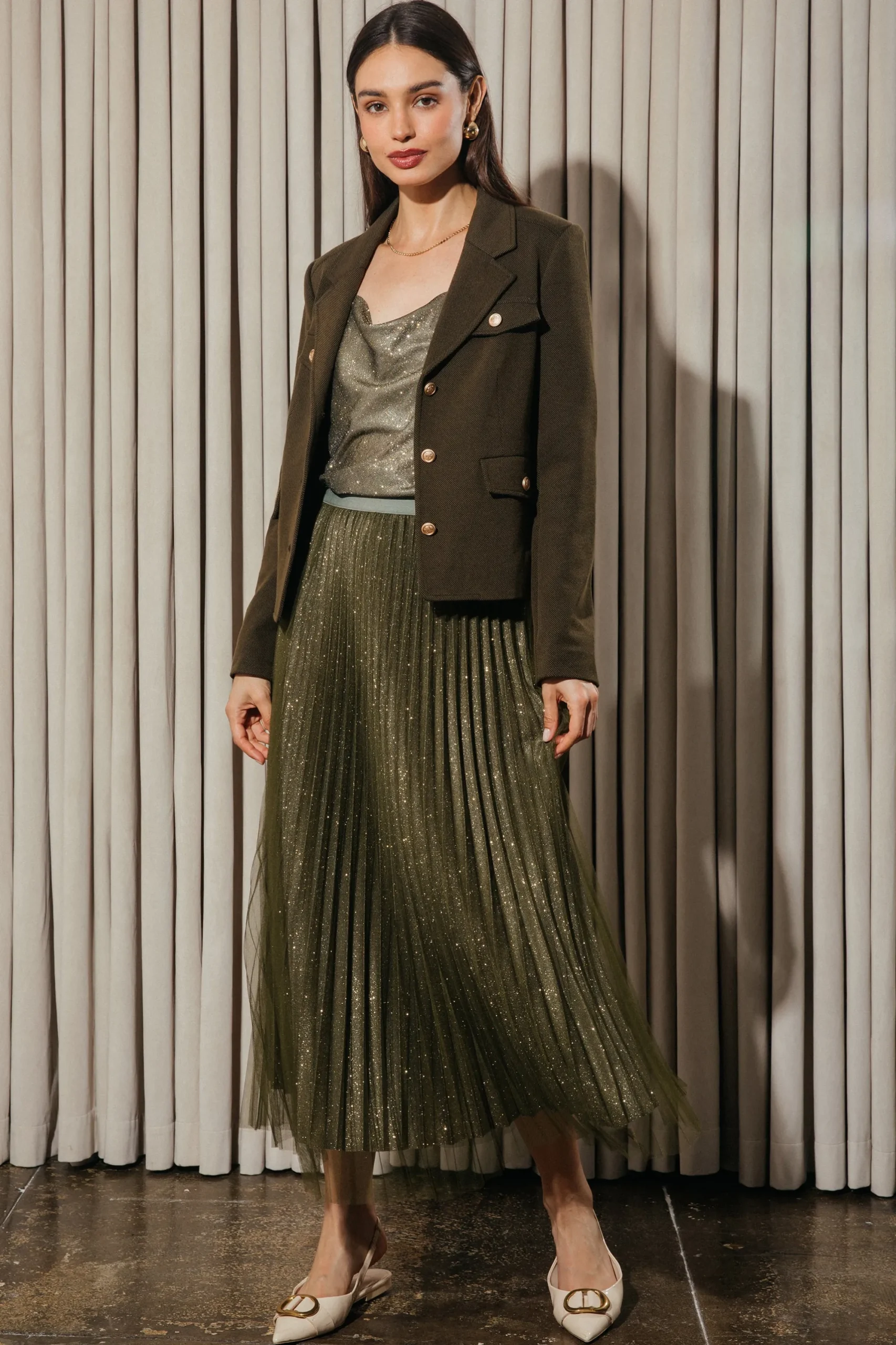 SKIES ARE BLUE Shimmery Pleated Midi Skirt* Skirts