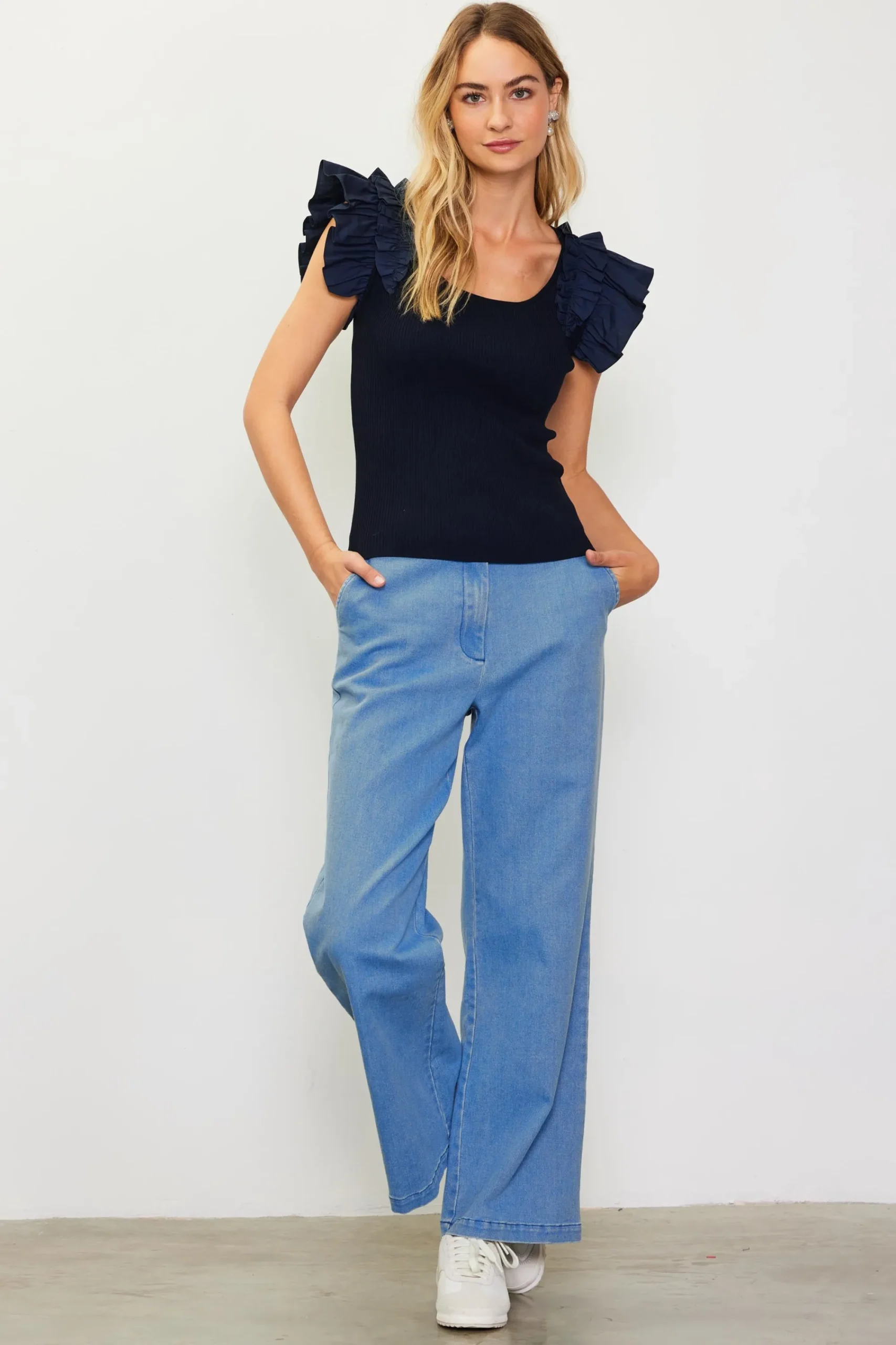 SKIES ARE BLUE Shirred Ruffle Sleeve Ribbed Sweater* Sleeveless Tops