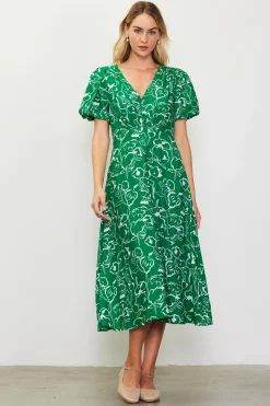 SKIES ARE BLUE Shirred Shoulder Print Midi Dress* Midi Dresses