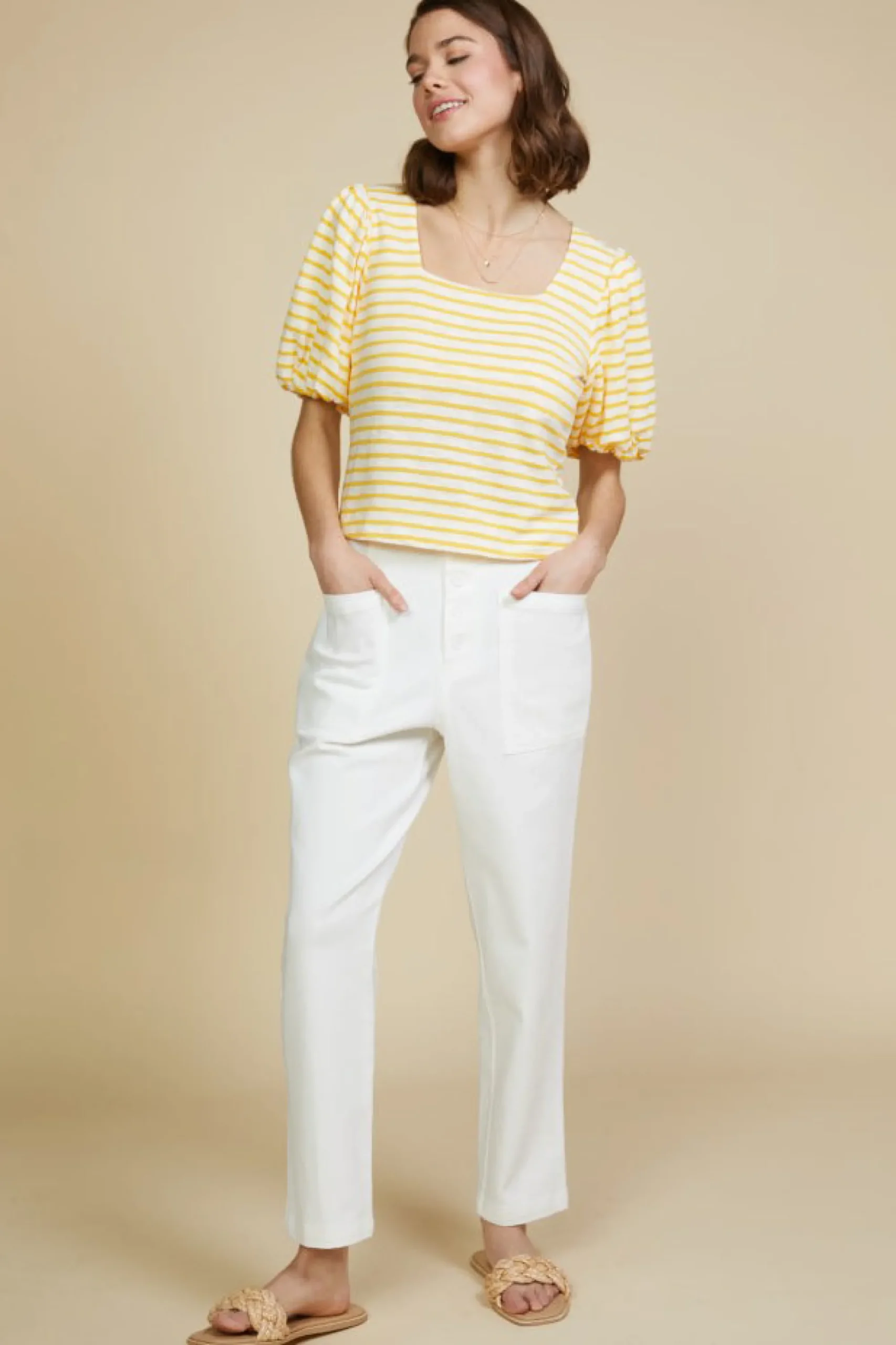 SKIES ARE BLUE Square Neck Striped Top* Short Sleeve Tops