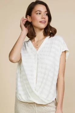 SKIES ARE BLUE Textured Striped Buttoned Top* Short Sleeve Tops