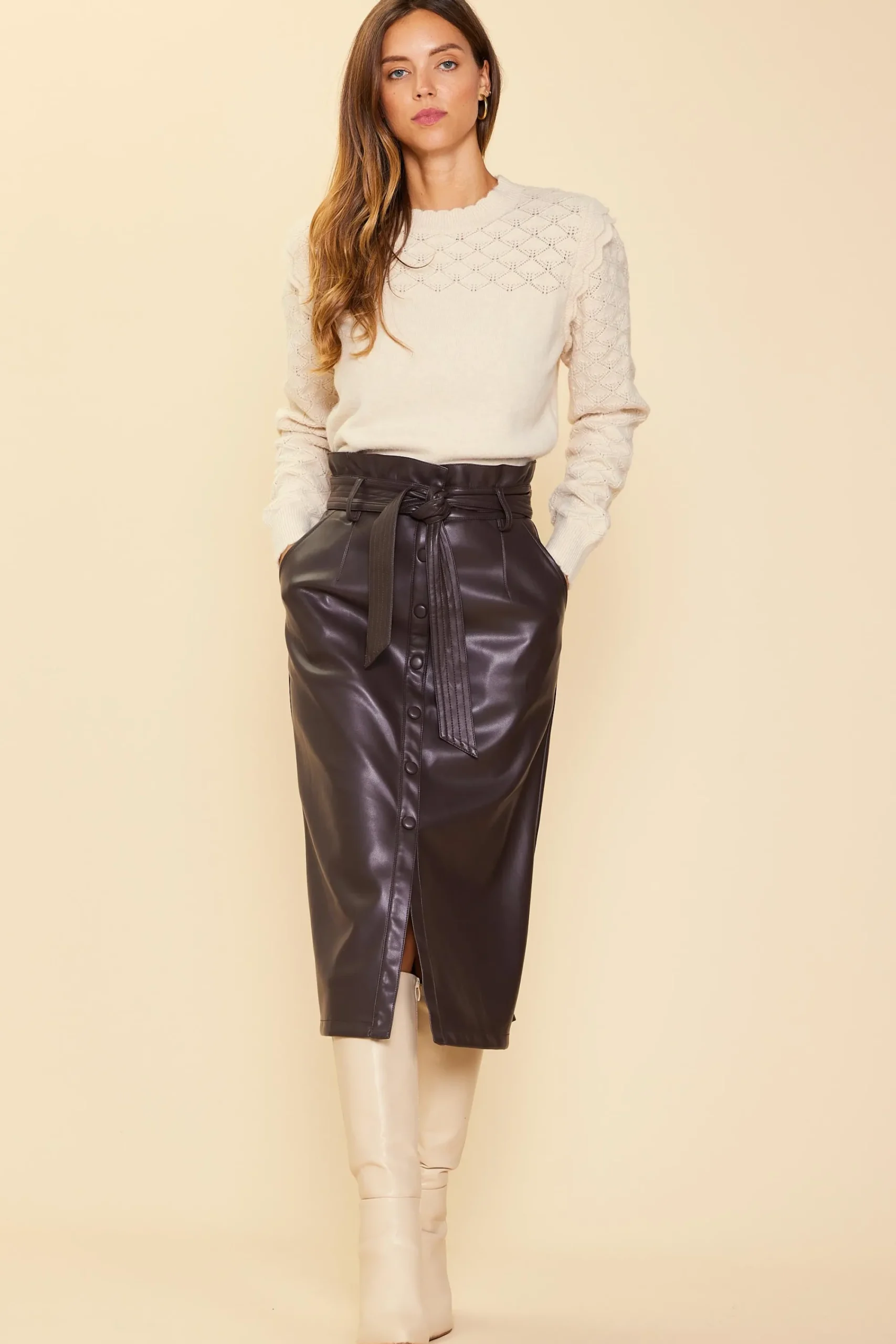 SKIES ARE BLUE Vegan Leather Front Tie Midi Skirt* Skirts
