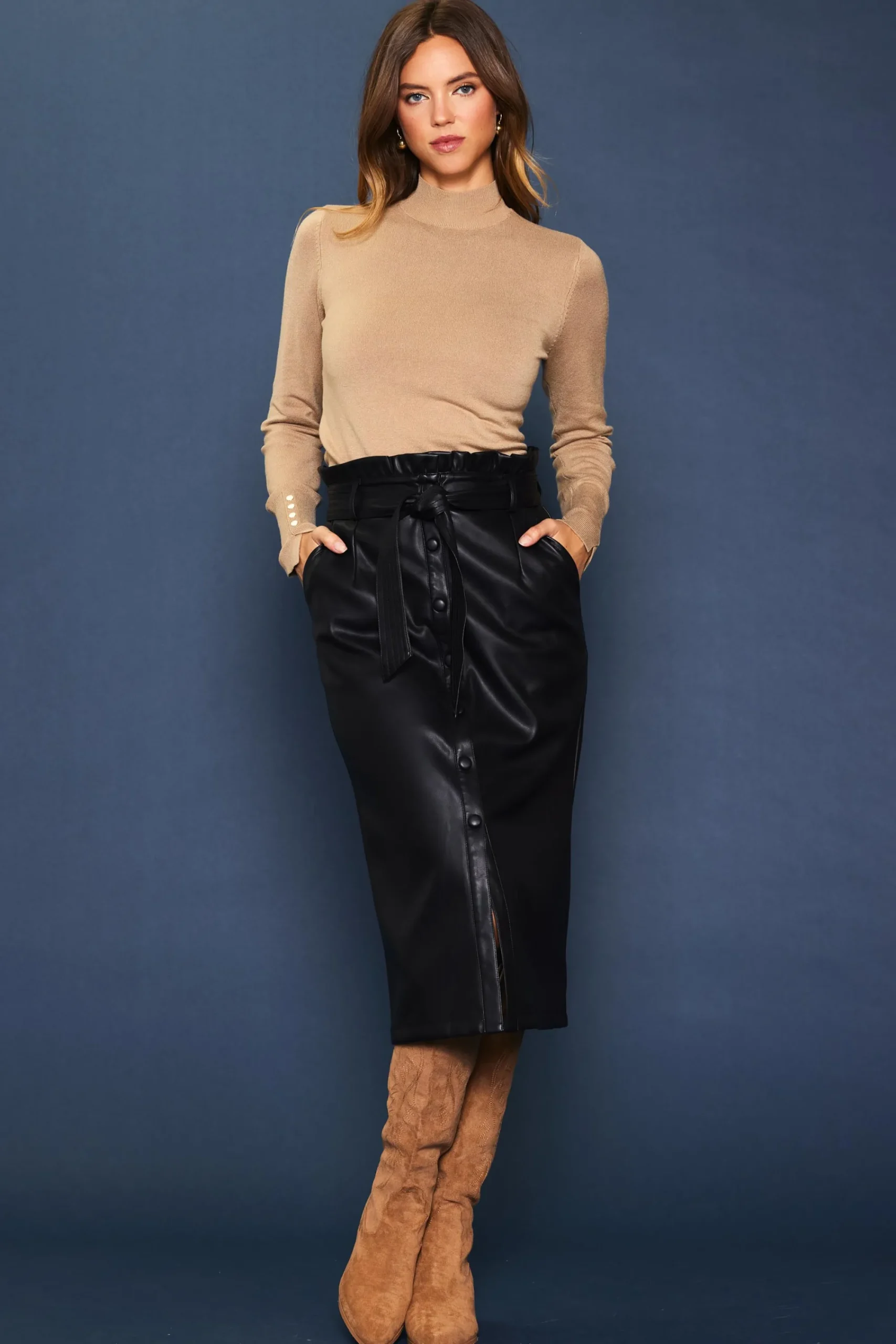 SKIES ARE BLUE Vegan Leather Front Tie Midi Skirt* Skirts