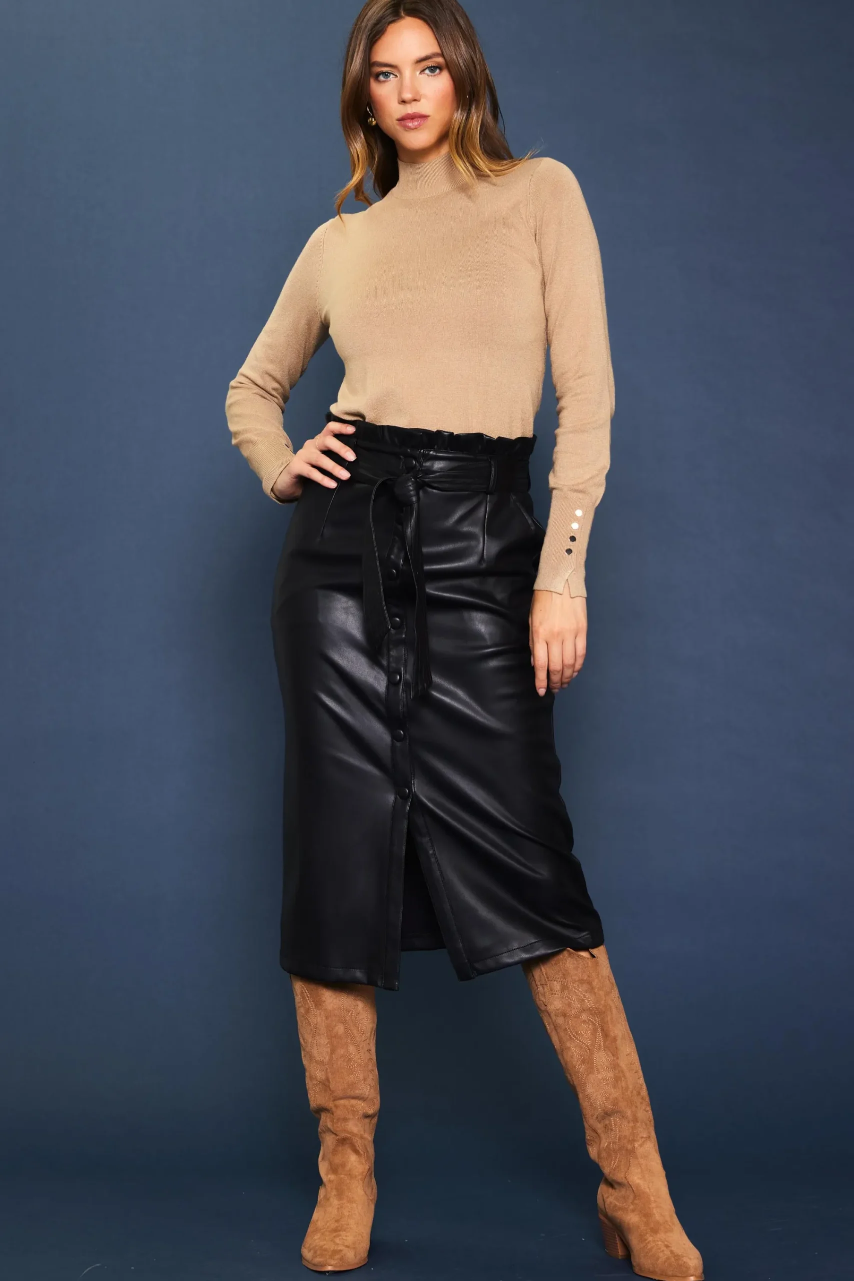 SKIES ARE BLUE Vegan Leather Front Tie Midi Skirt* Skirts
