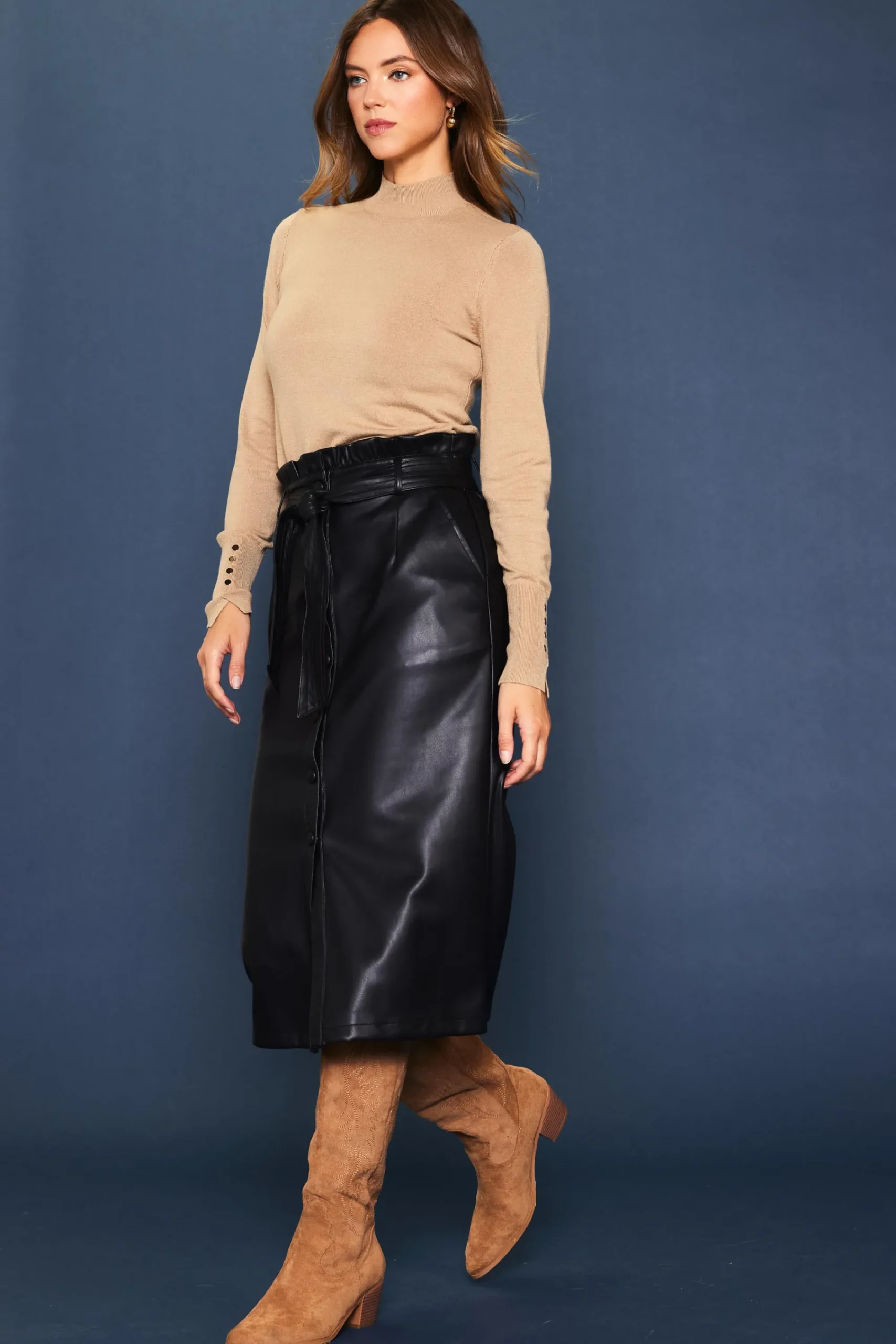 SKIES ARE BLUE Vegan Leather Front Tie Midi Skirt* Skirts