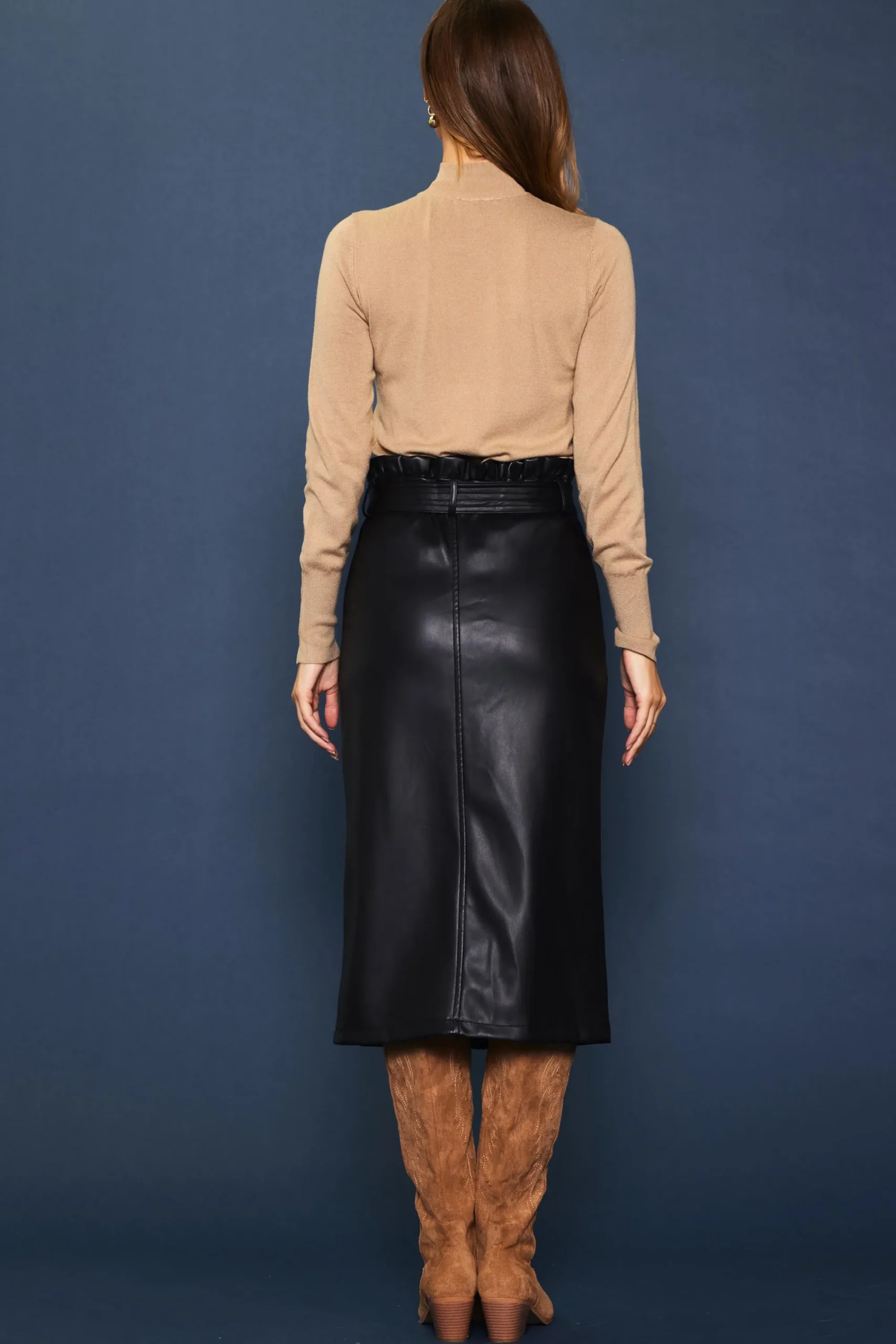 SKIES ARE BLUE Vegan Leather Front Tie Midi Skirt* Skirts