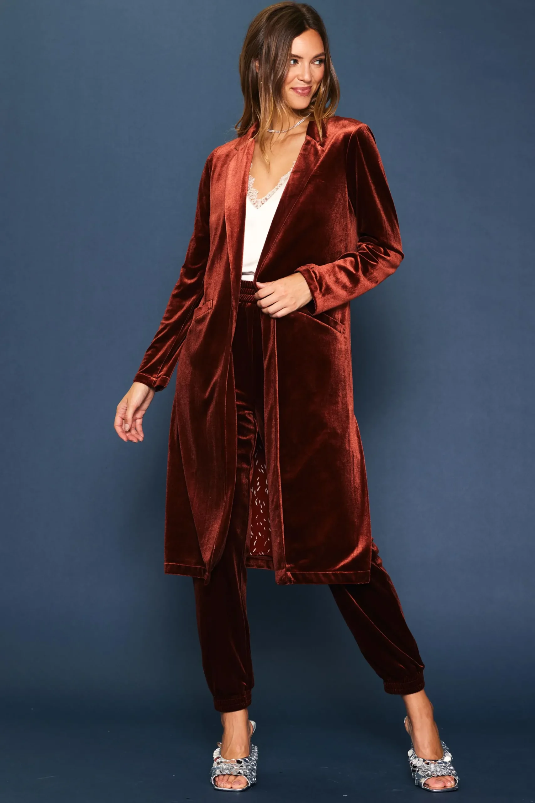 SKIES ARE BLUE Velvet Duster Coat* Outerwear