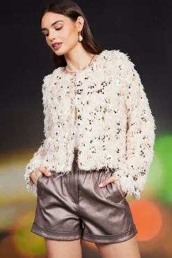 SKIES ARE BLUE Wren Feathered Sequin Crop Jacket* Outerwear